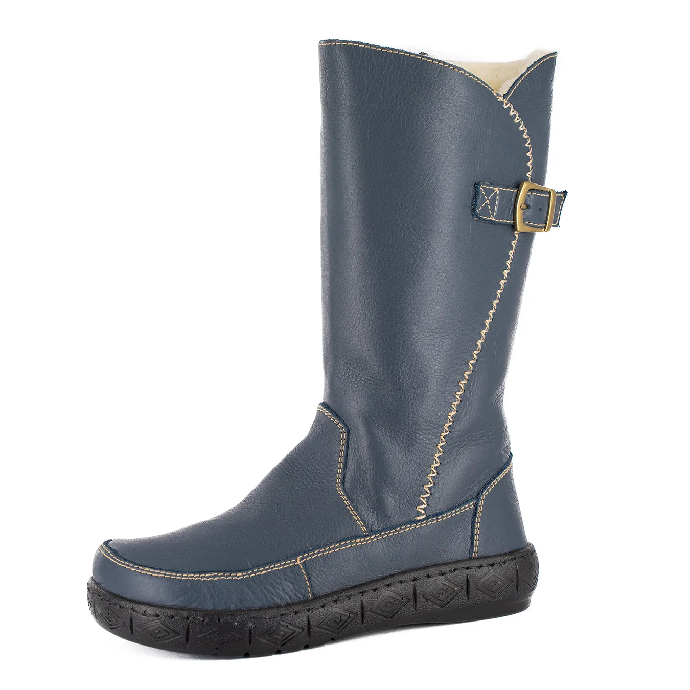 Maluju : Ladies 100% Wool-Lined Leather Mid-Calf Boot in Denim Natan
