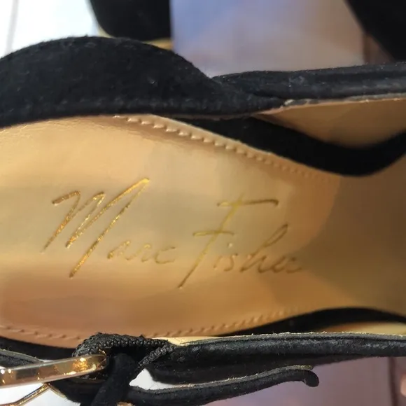 MARC FISHER BLACK SUEDE OPEN TOE SLINGBACK HEEL GOLD TRIM WOMEN'S 7 LIKE NEW