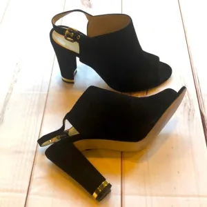 MARC FISHER BLACK SUEDE OPEN TOE SLINGBACK HEEL GOLD TRIM WOMEN'S 7 LIKE NEW