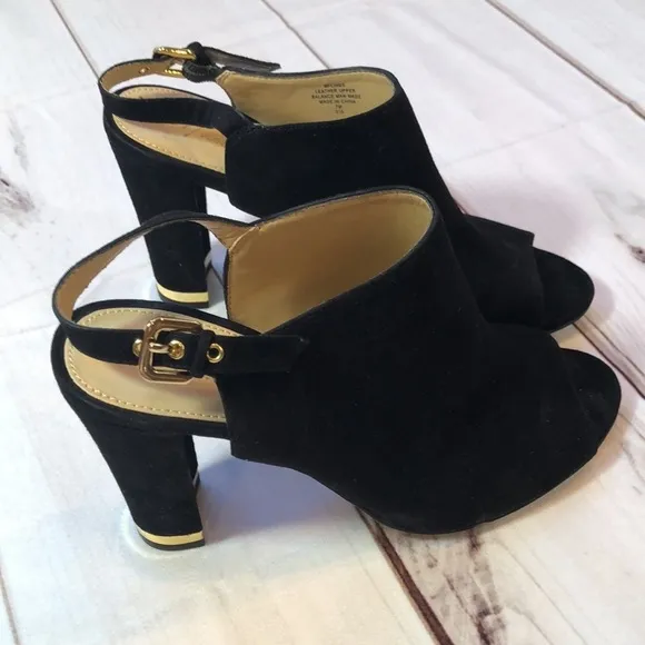 MARC FISHER BLACK SUEDE OPEN TOE SLINGBACK HEEL GOLD TRIM WOMEN'S 7 LIKE NEW