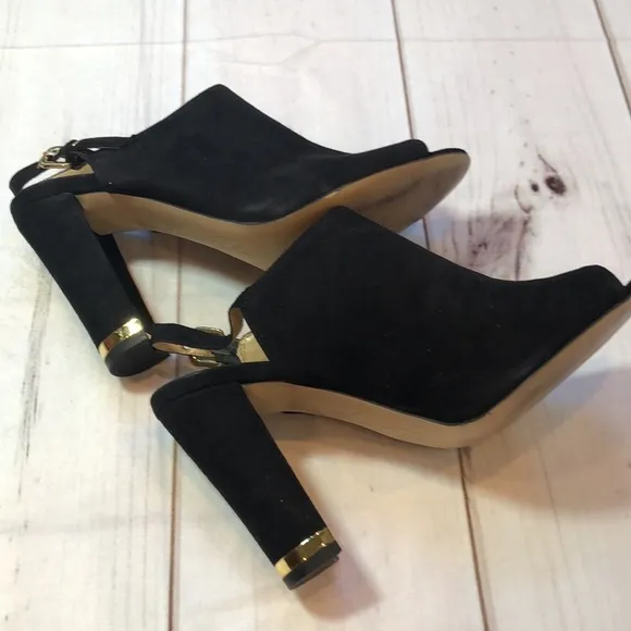 MARC FISHER BLACK SUEDE OPEN TOE SLINGBACK HEEL GOLD TRIM WOMEN'S 7 LIKE NEW