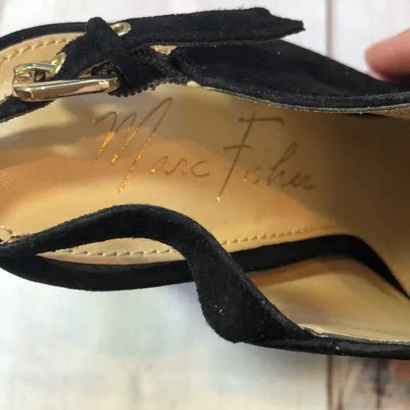 MARC FISHER BLACK SUEDE OPEN TOE SLINGBACK HEEL GOLD TRIM WOMEN'S 7 LIKE NEW