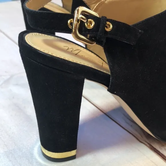 MARC FISHER BLACK SUEDE OPEN TOE SLINGBACK HEEL GOLD TRIM WOMEN'S 7 LIKE NEW