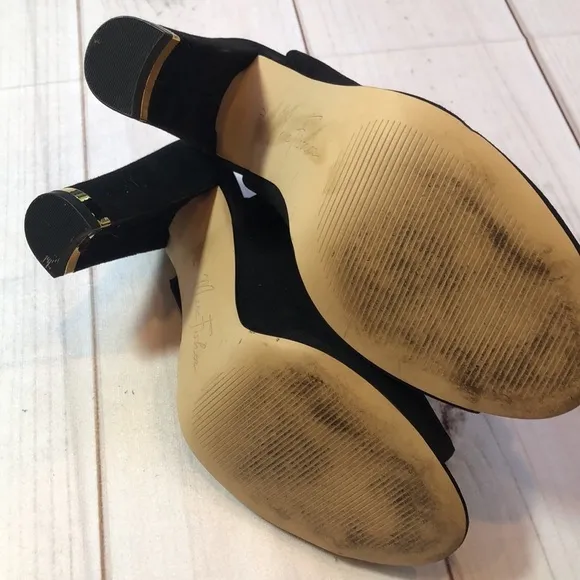 MARC FISHER BLACK SUEDE OPEN TOE SLINGBACK HEEL GOLD TRIM WOMEN'S 7 LIKE NEW