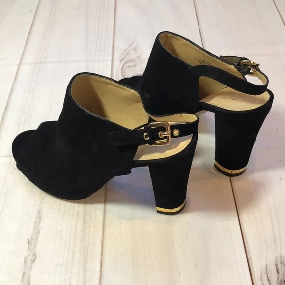 MARC FISHER BLACK SUEDE OPEN TOE SLINGBACK HEEL GOLD TRIM WOMEN'S 7 LIKE NEW