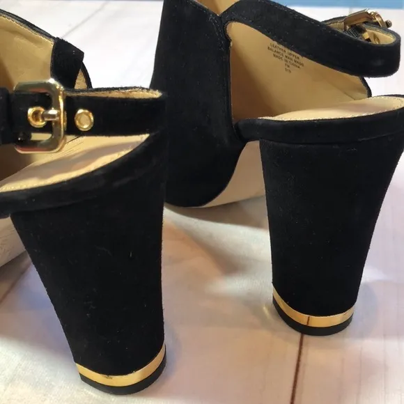 MARC FISHER BLACK SUEDE OPEN TOE SLINGBACK HEEL GOLD TRIM WOMEN'S 7 LIKE NEW