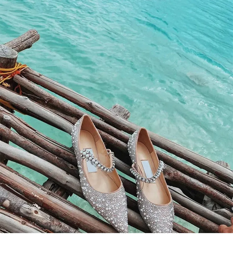 Mary Janes Crystal flat Elastic String Bead Shoes