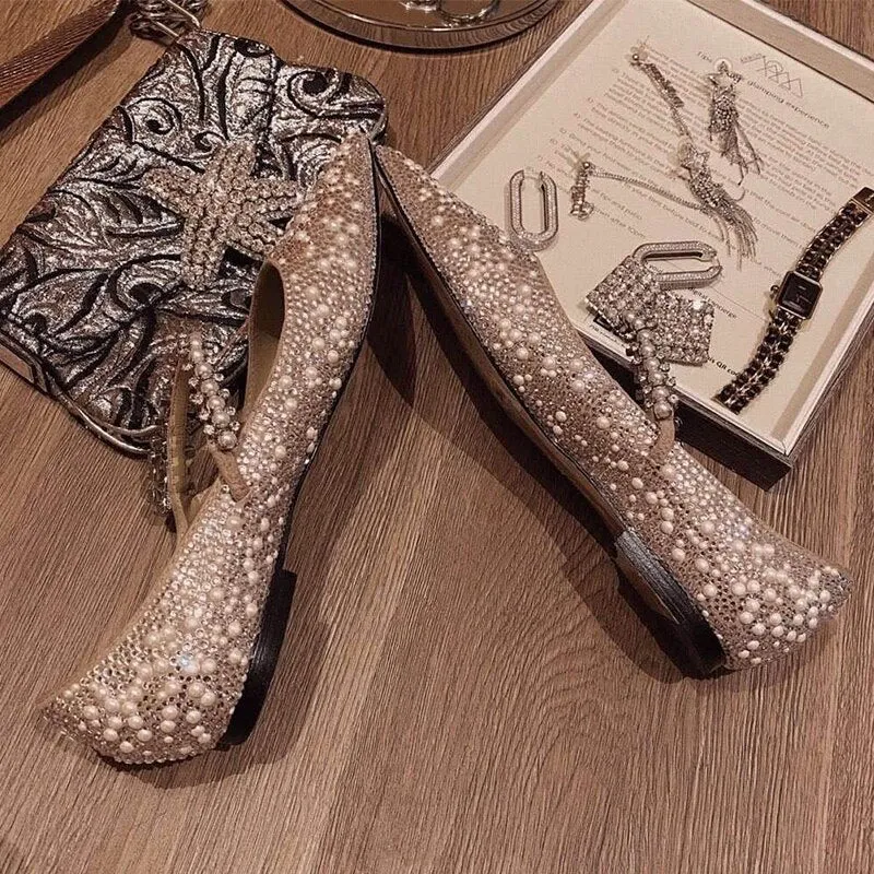 Mary Janes Crystal flat Elastic String Bead Shoes