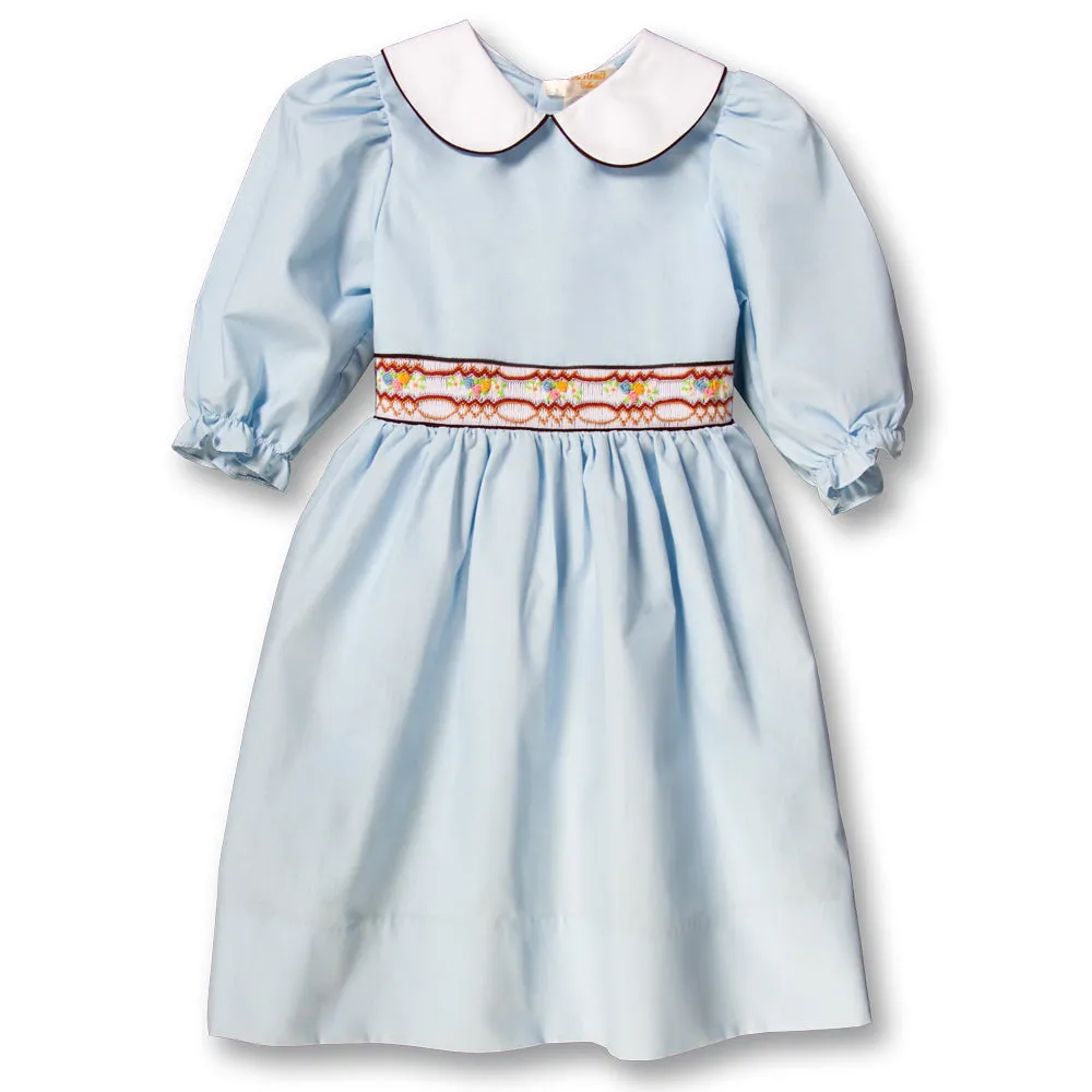 Medium Blue 3/4 Sleeve Brown Trim Smocked Baby Dress w/Peter Pan Collar