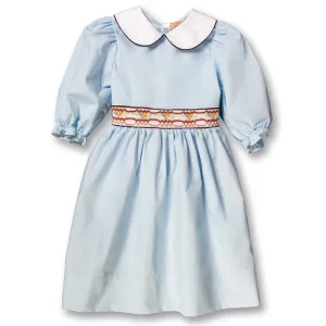 Medium Blue 3/4 Sleeve Brown Trim Smocked Baby Dress w/Peter Pan Collar