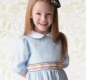 Medium Blue 3/4 Sleeve Brown Trim Smocked Baby Dress w/Peter Pan Collar