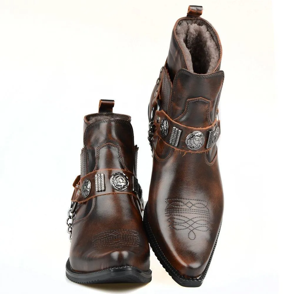 Men Ankle Cowboy Boots Winter Snow Fur Inside
