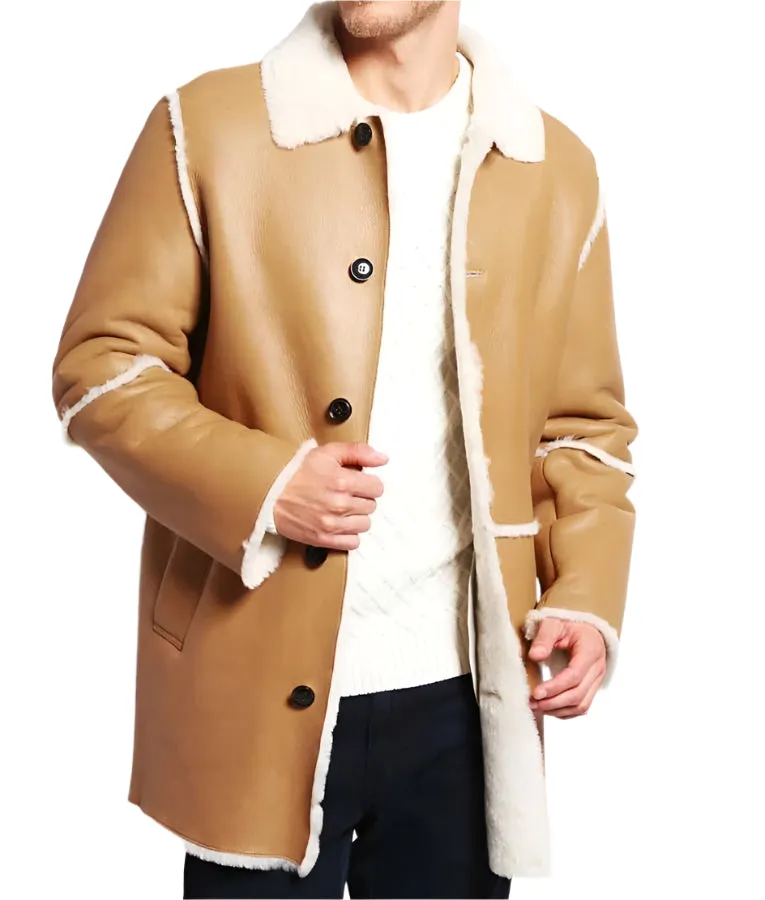 Men Tan Brown Shearling Leather Coat