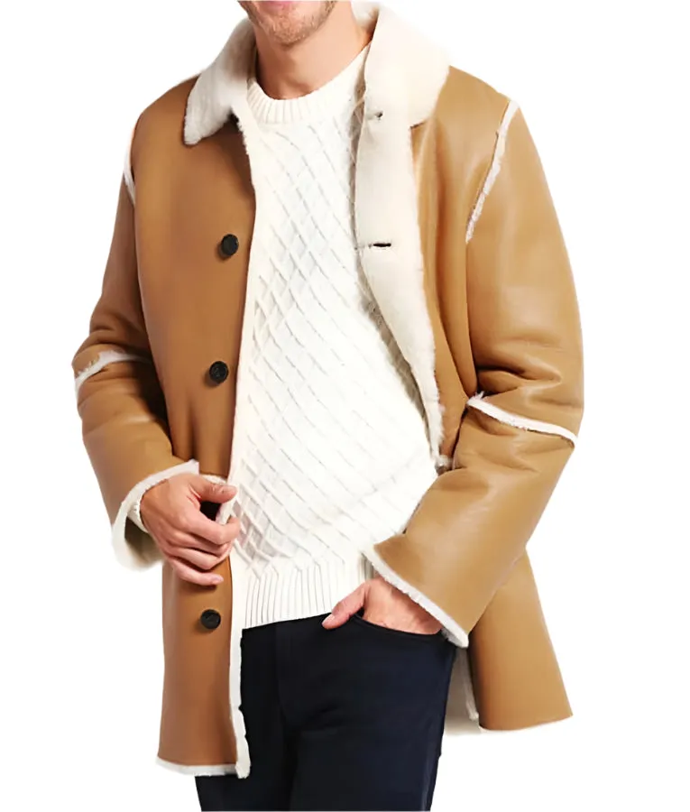 Men Tan Brown Shearling Leather Coat