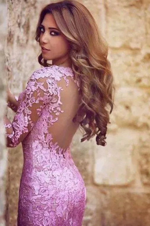 Mermaid Long Sleeves Open Back Tulle Prom Dress with Appliques OHC156