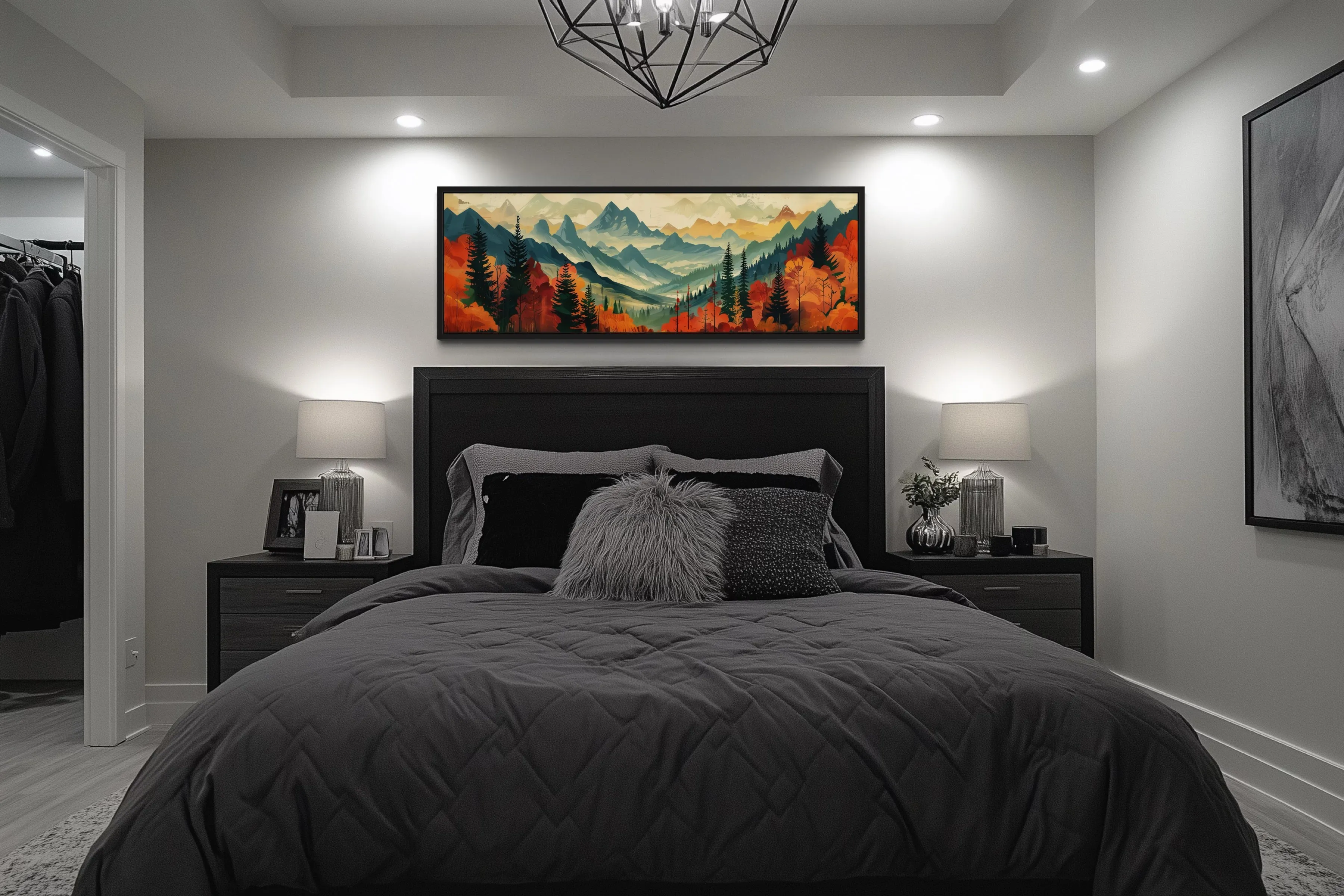 Mid Century Modern Autumn Mountains Forest Horizontal Above Bed Canvas Wall Art