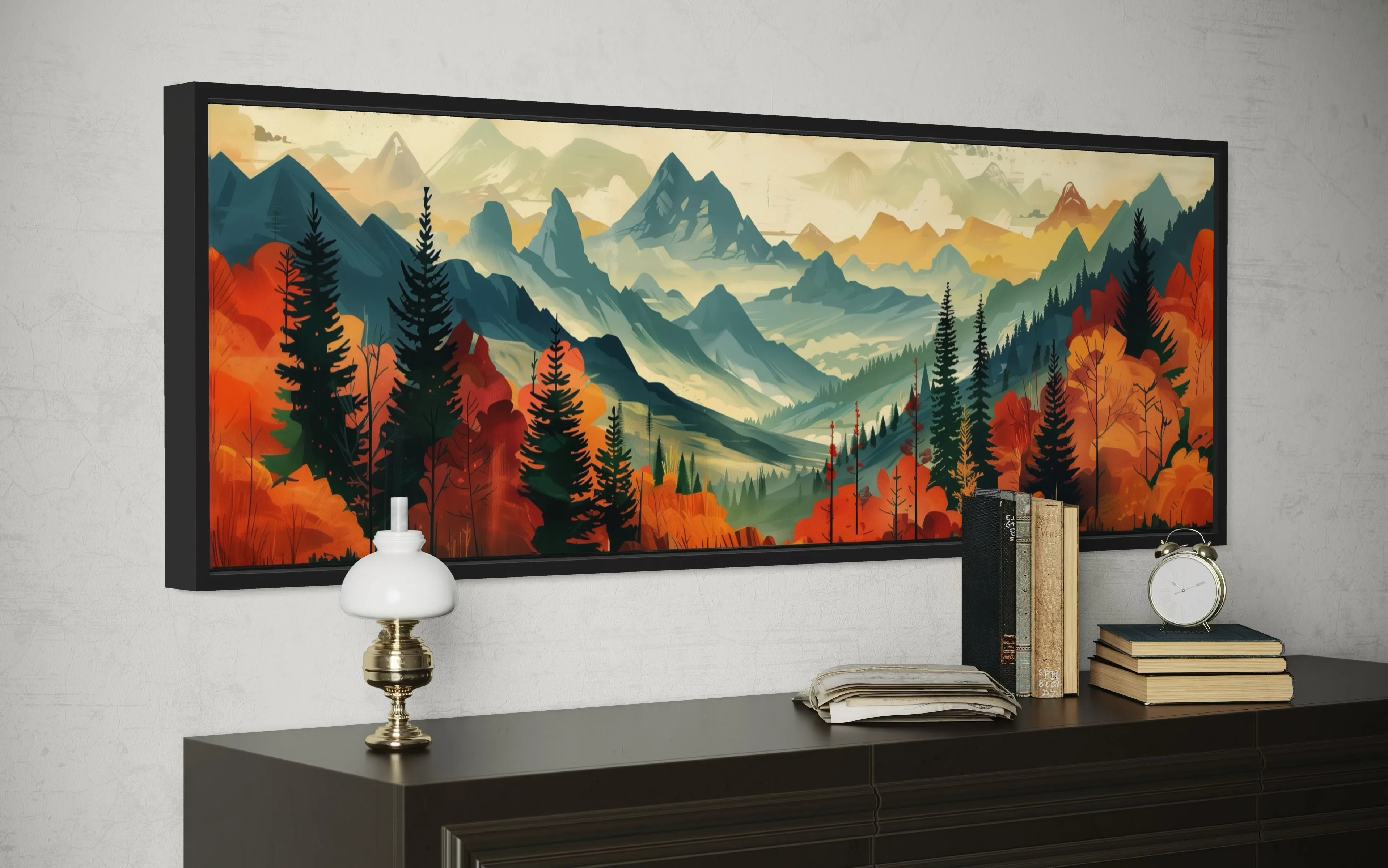 Mid Century Modern Autumn Mountains Forest Horizontal Above Bed Canvas Wall Art