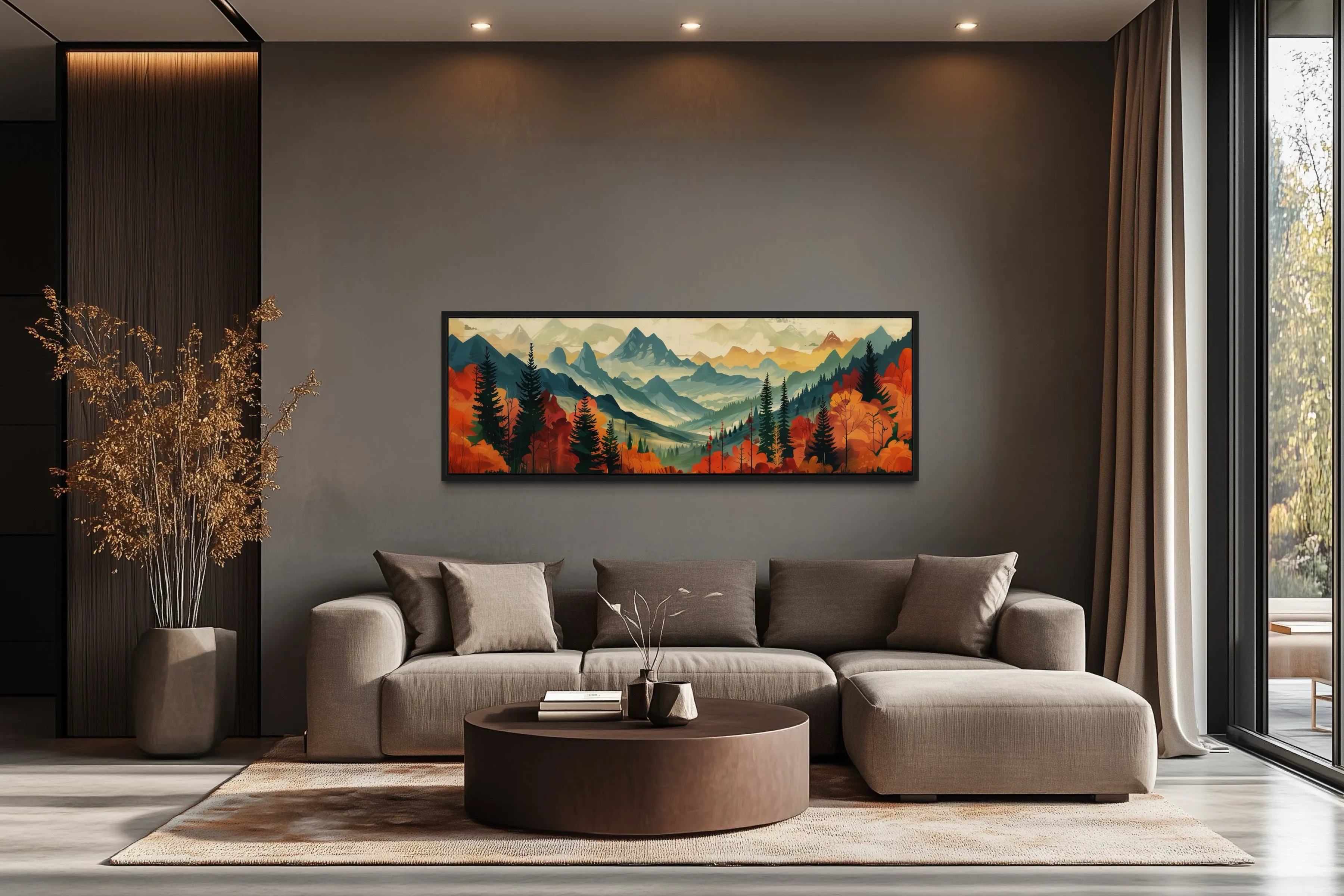 Mid Century Modern Autumn Mountains Forest Horizontal Above Bed Canvas Wall Art