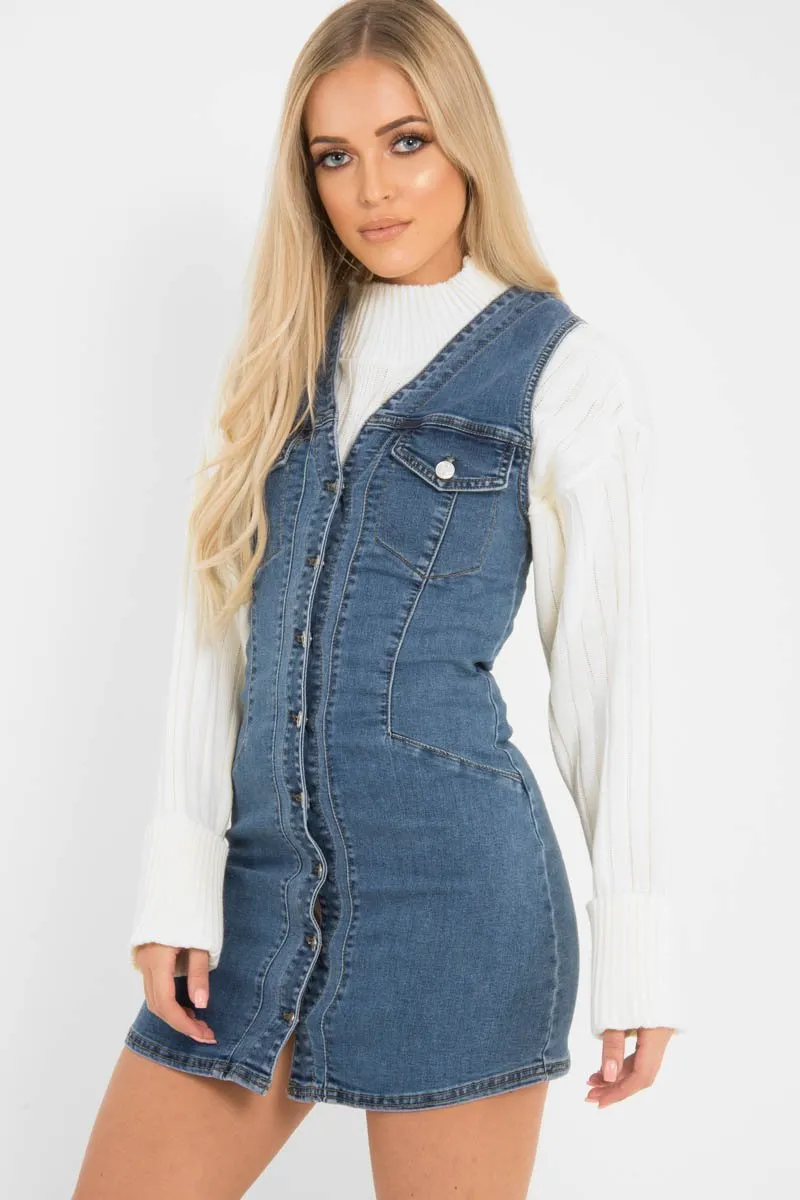 Mid Wash Button Front Sleeveless Denim Dress  - Kamiya