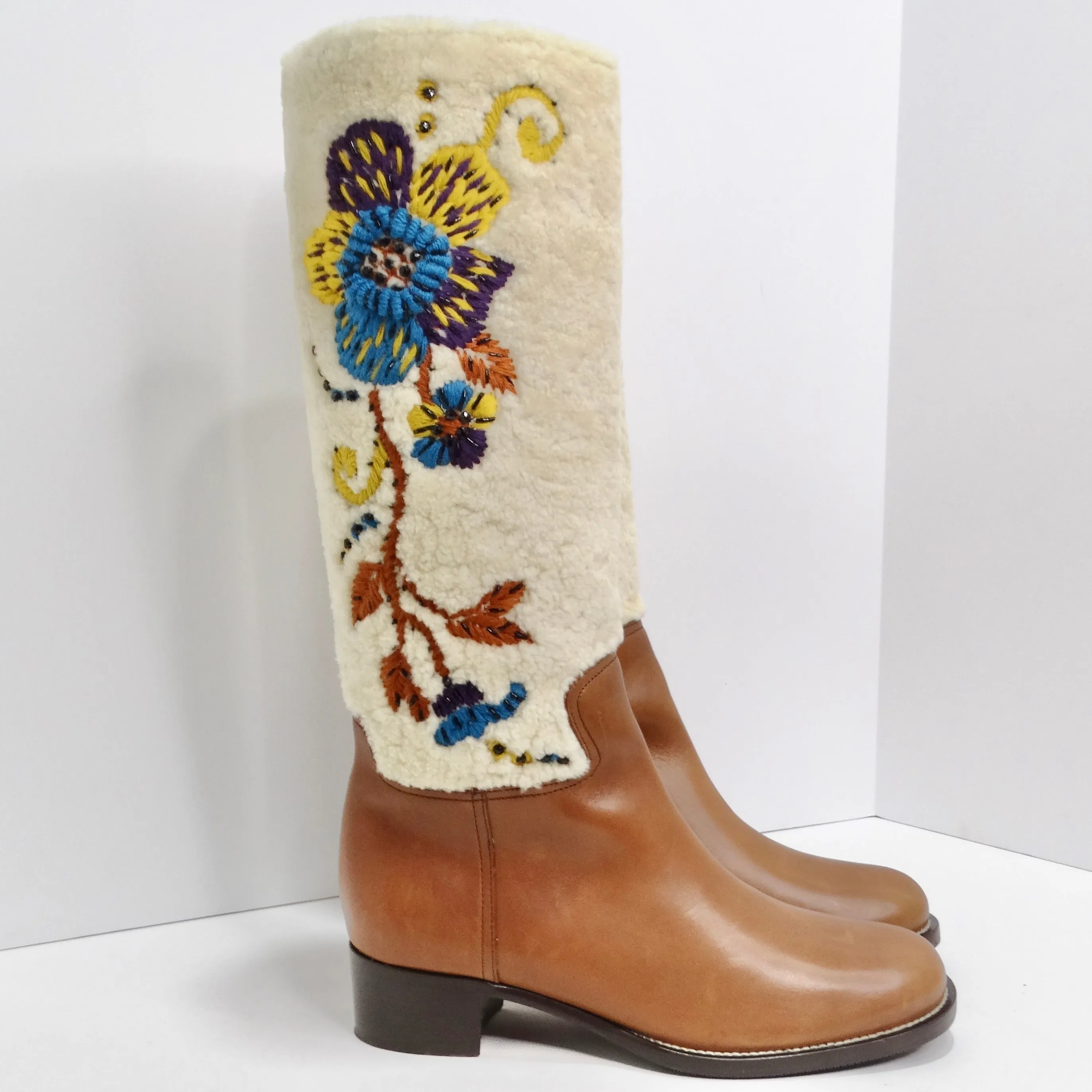 Miu Miu Floral Brown Leather Floral Shearling Riding Boots