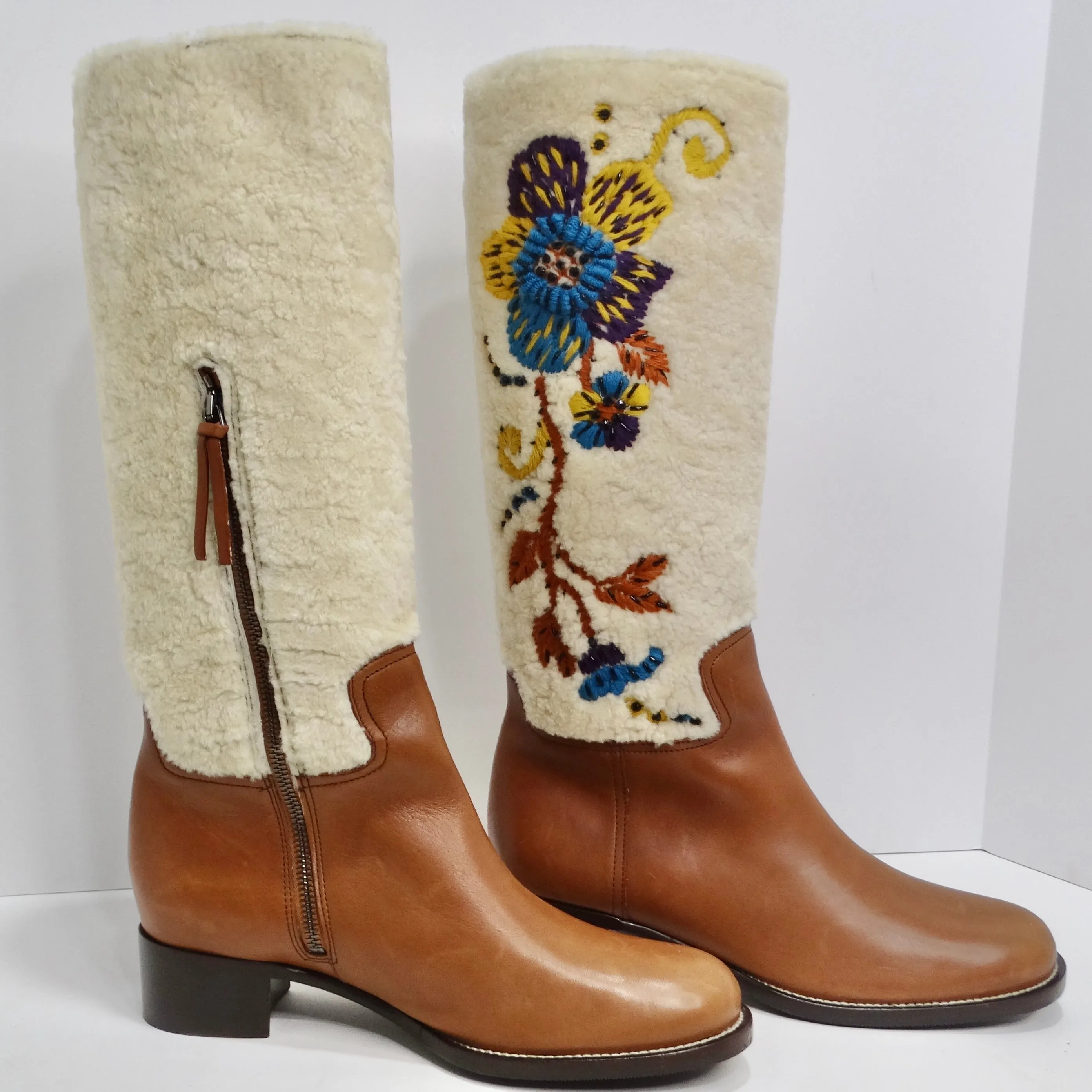 Miu Miu Floral Brown Leather Floral Shearling Riding Boots