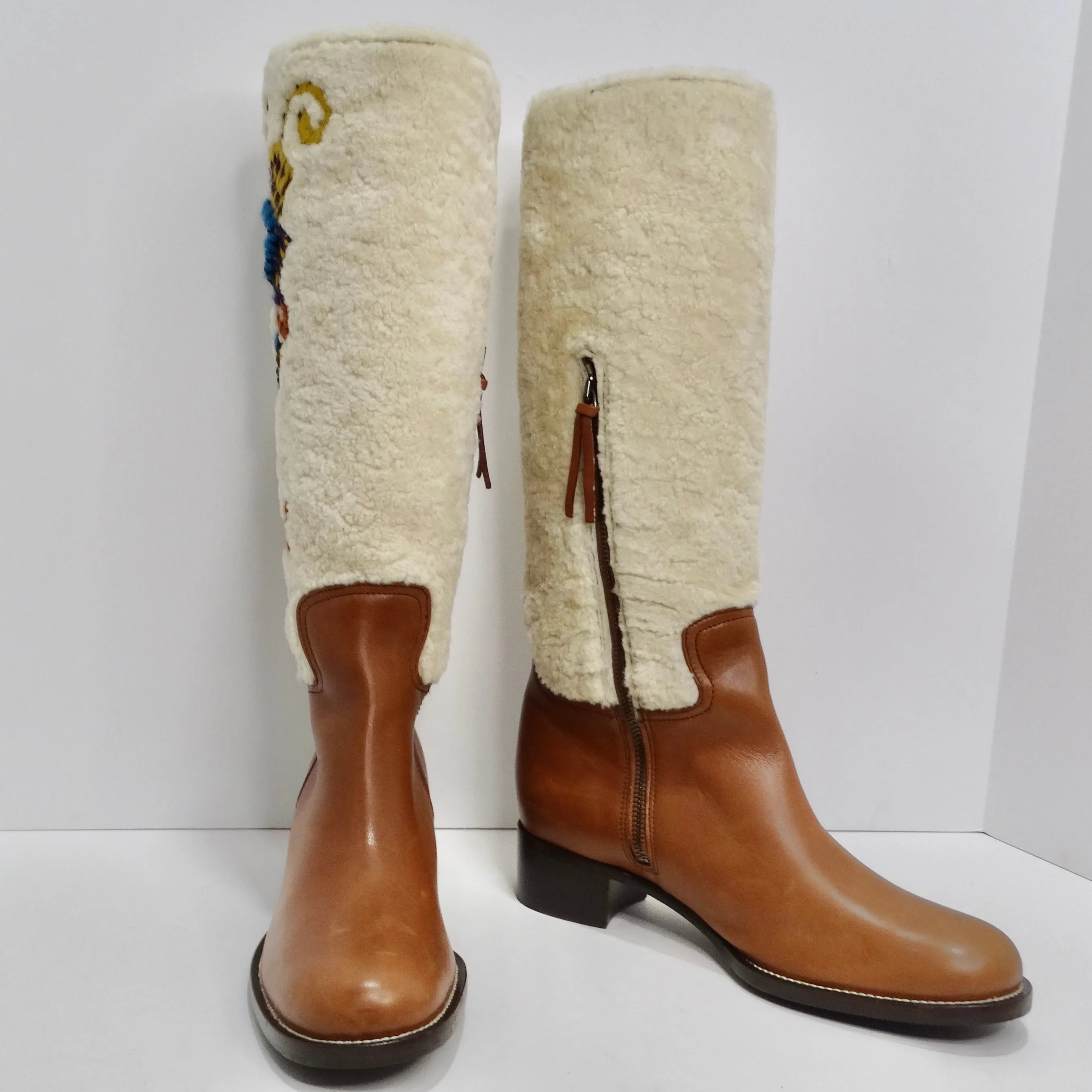 Miu Miu Floral Brown Leather Floral Shearling Riding Boots