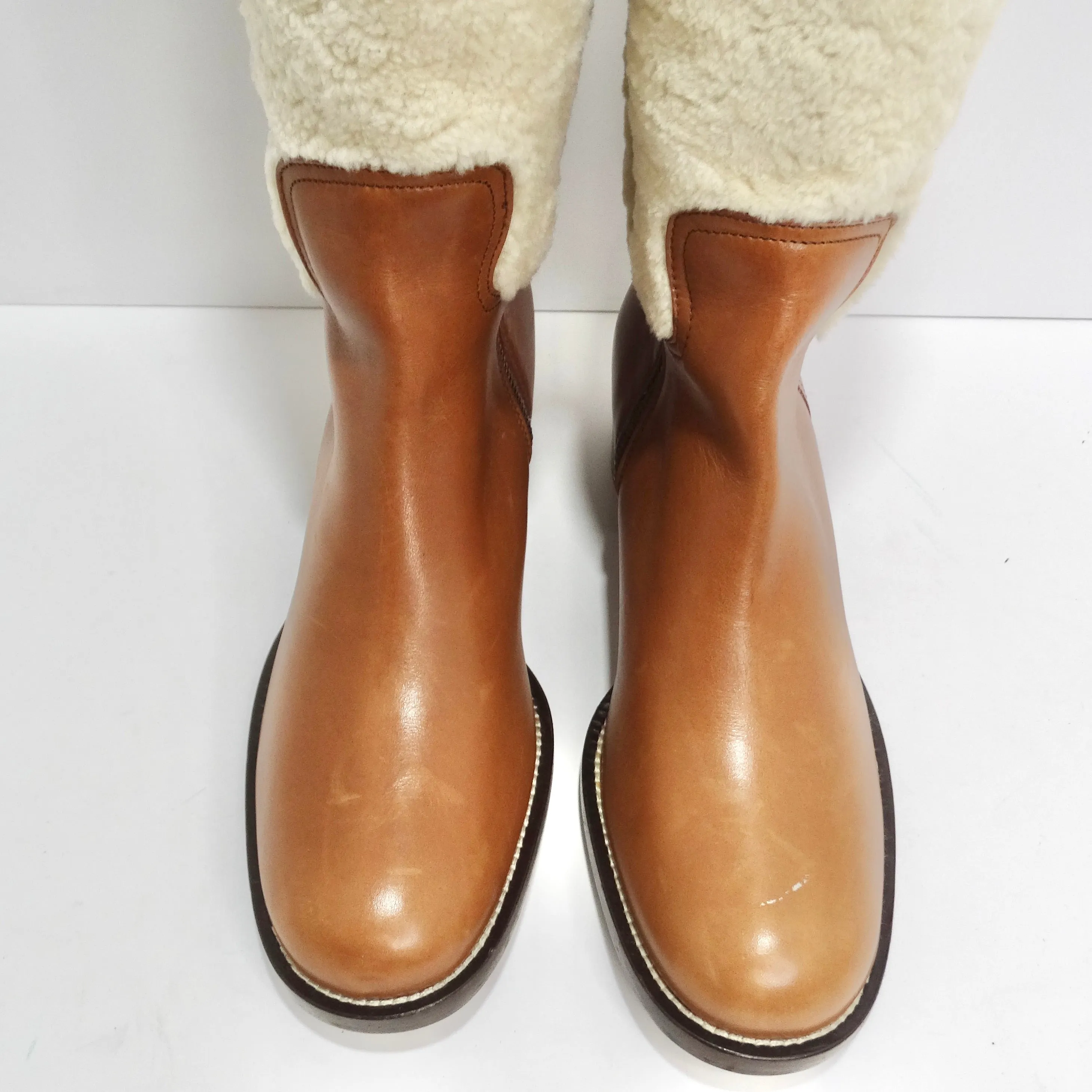 Miu Miu Floral Brown Leather Floral Shearling Riding Boots