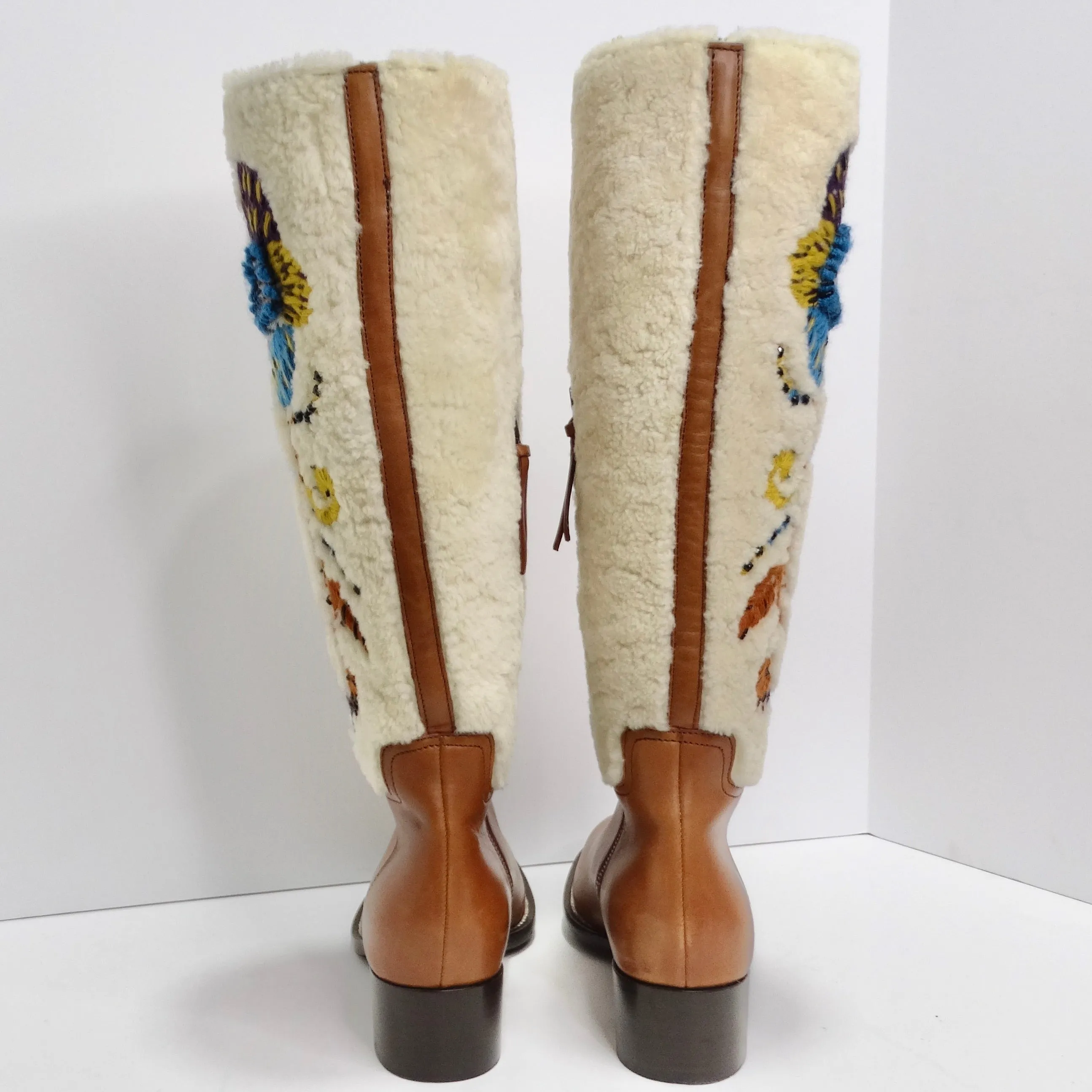 Miu Miu Floral Brown Leather Floral Shearling Riding Boots