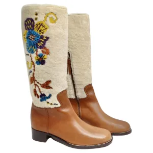 Miu Miu Floral Brown Leather Floral Shearling Riding Boots