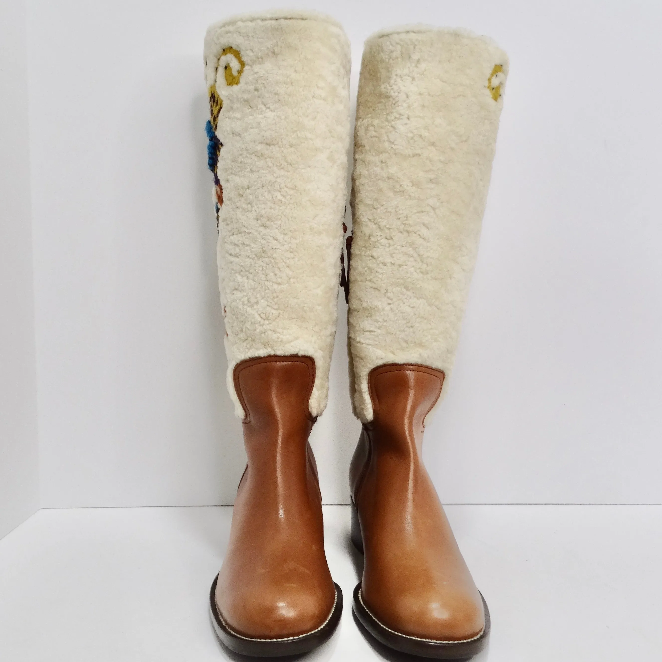 Miu Miu Floral Brown Leather Floral Shearling Riding Boots