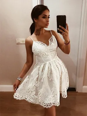 Modern Lace Short Homecoming Dress Sexy Spaghetti Straps White Prom Party Dress CA2106