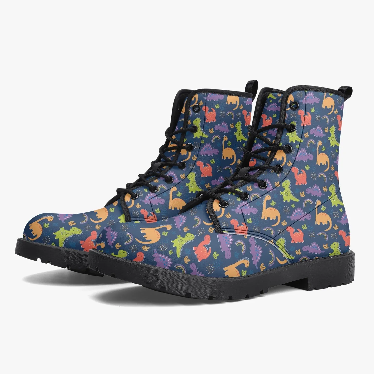 Multicolor Dinosaurs Blue Leather Combat Boots