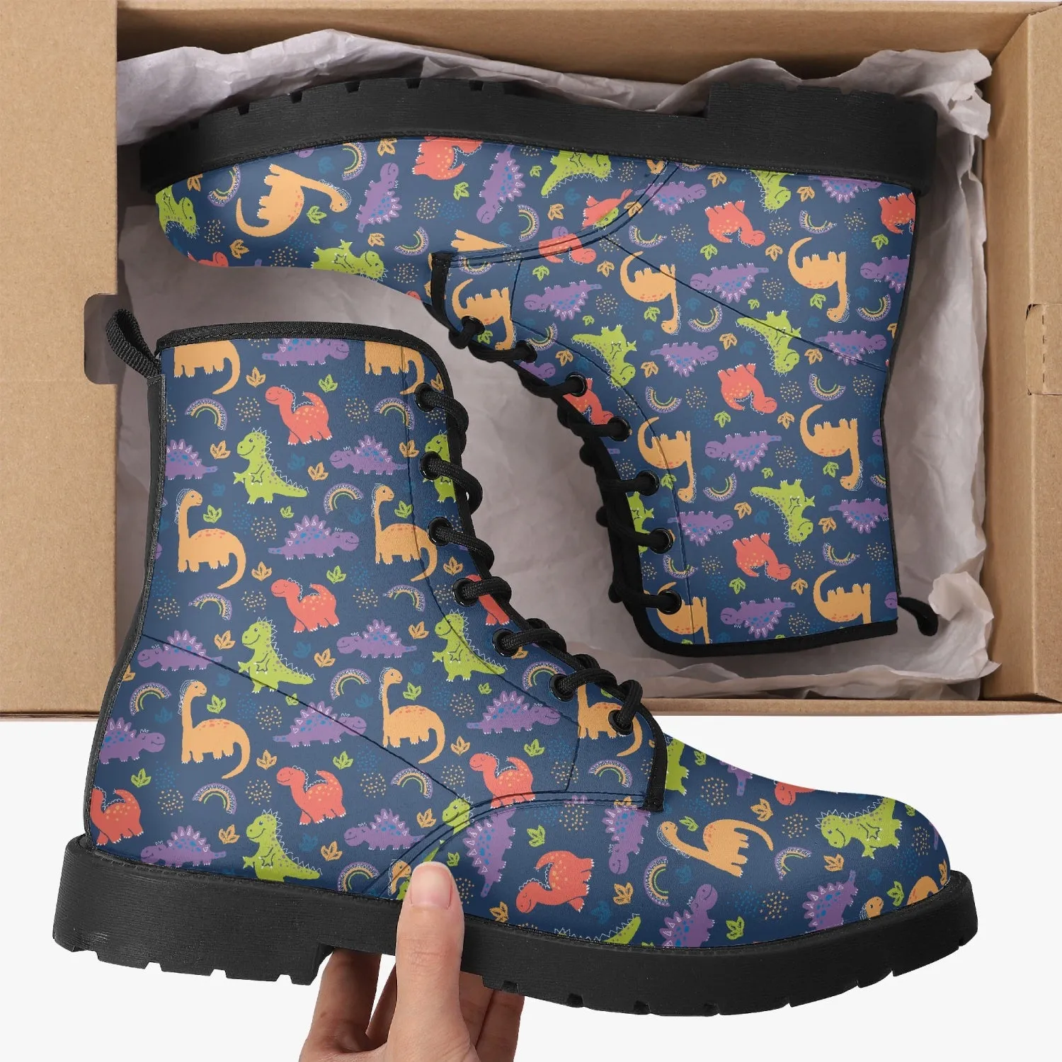 Multicolor Dinosaurs Blue Leather Combat Boots