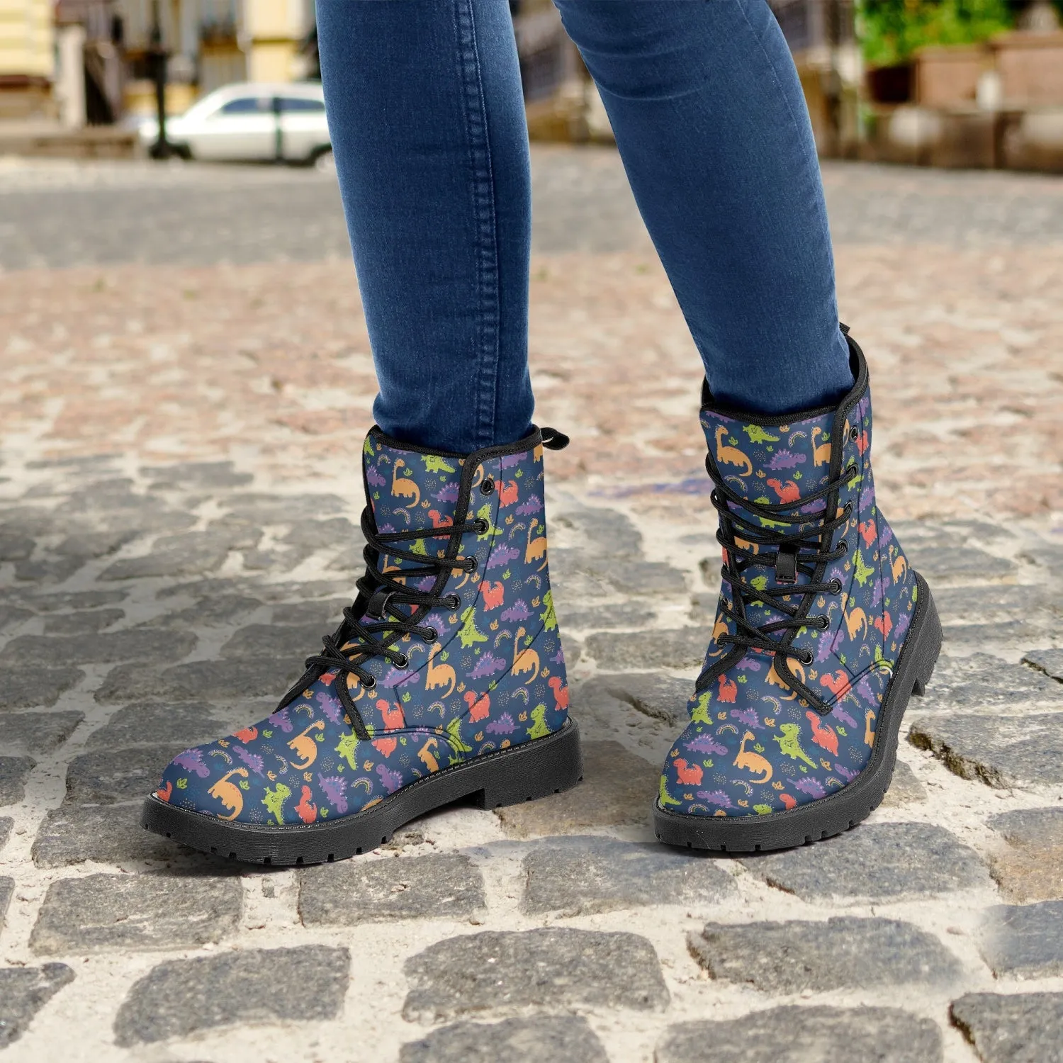 Multicolor Dinosaurs Blue Leather Combat Boots