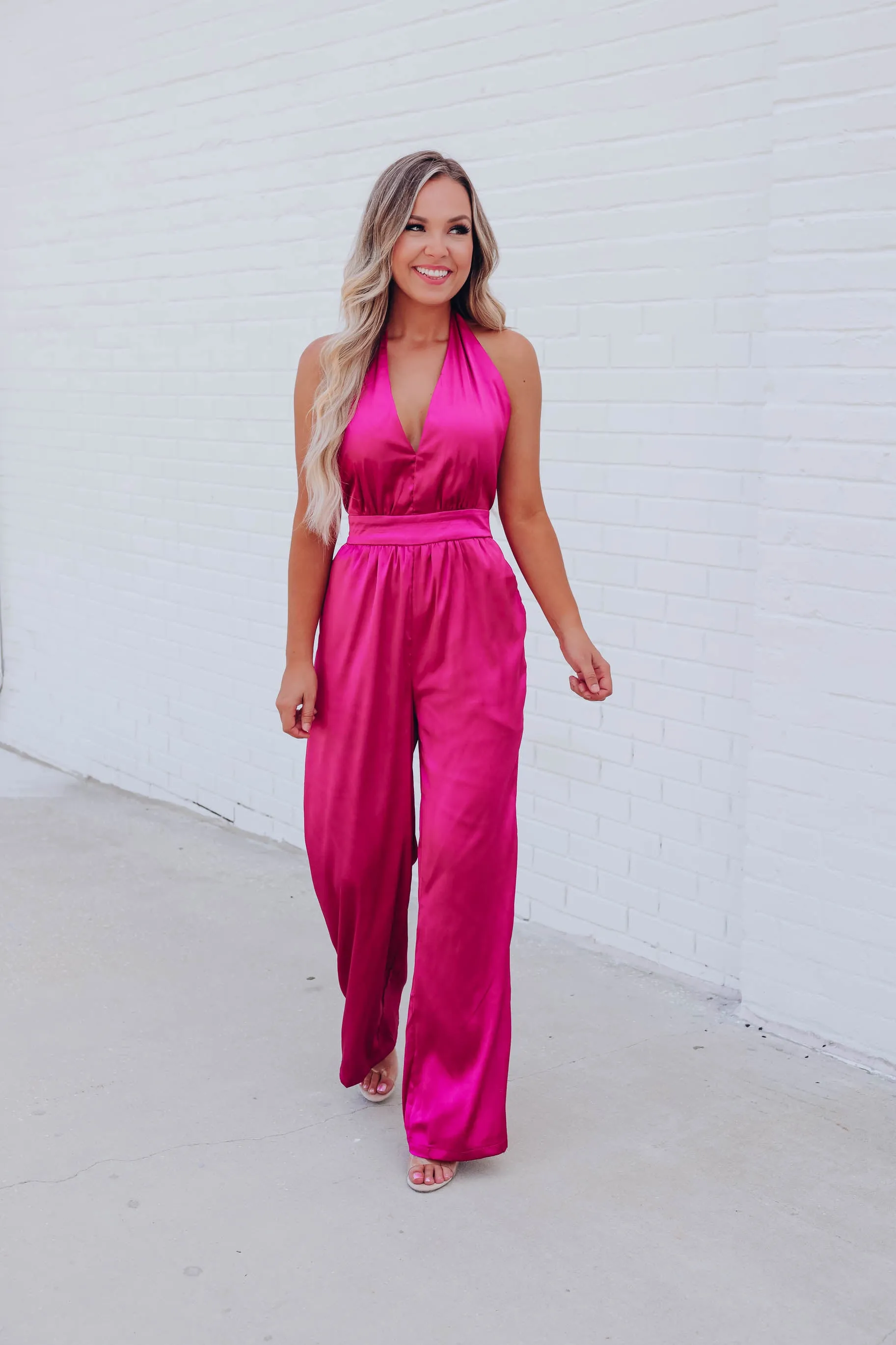 My Time Satin Halter Jumpsuit - Magenta
