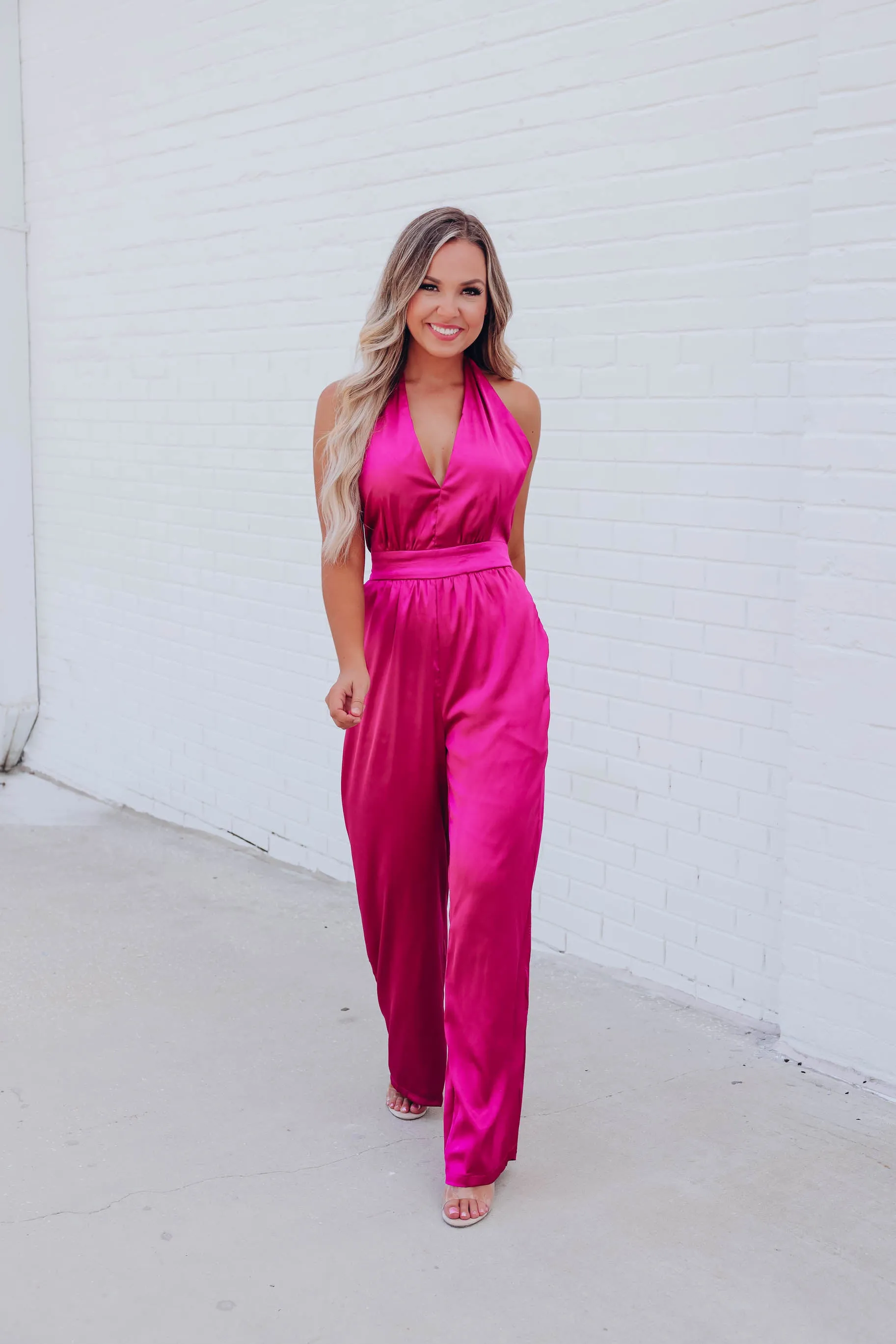 My Time Satin Halter Jumpsuit - Magenta