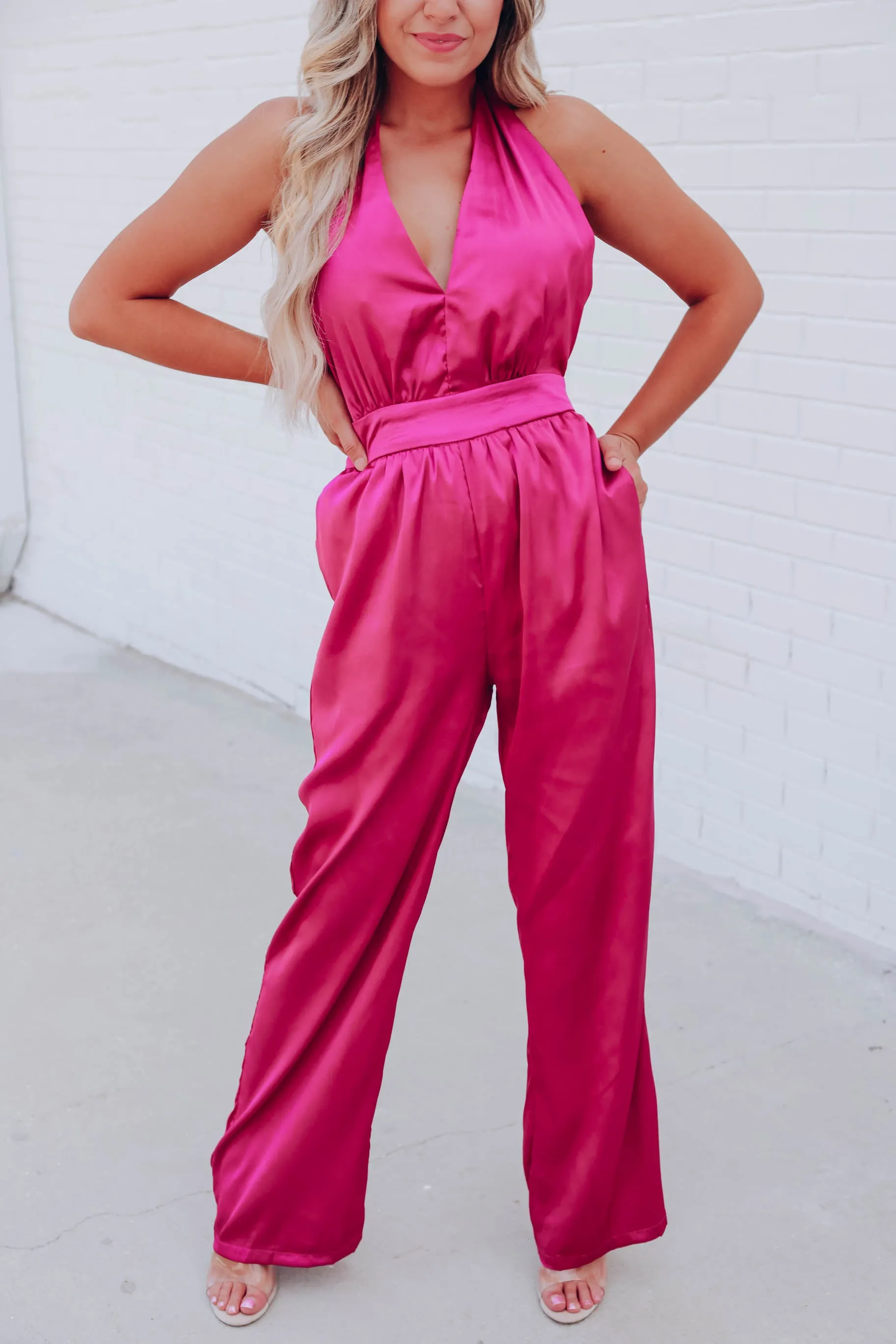 My Time Satin Halter Jumpsuit - Magenta