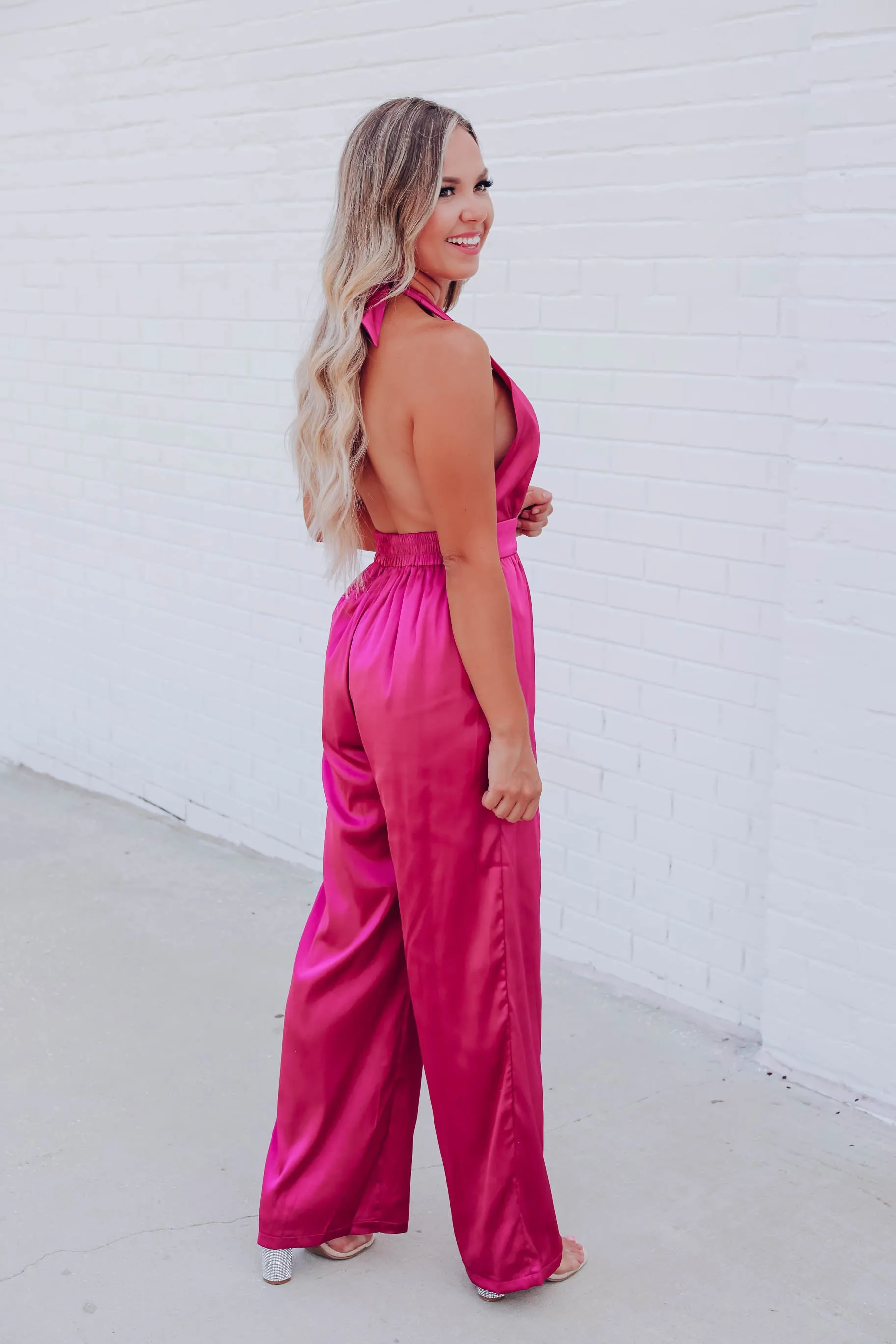 My Time Satin Halter Jumpsuit - Magenta