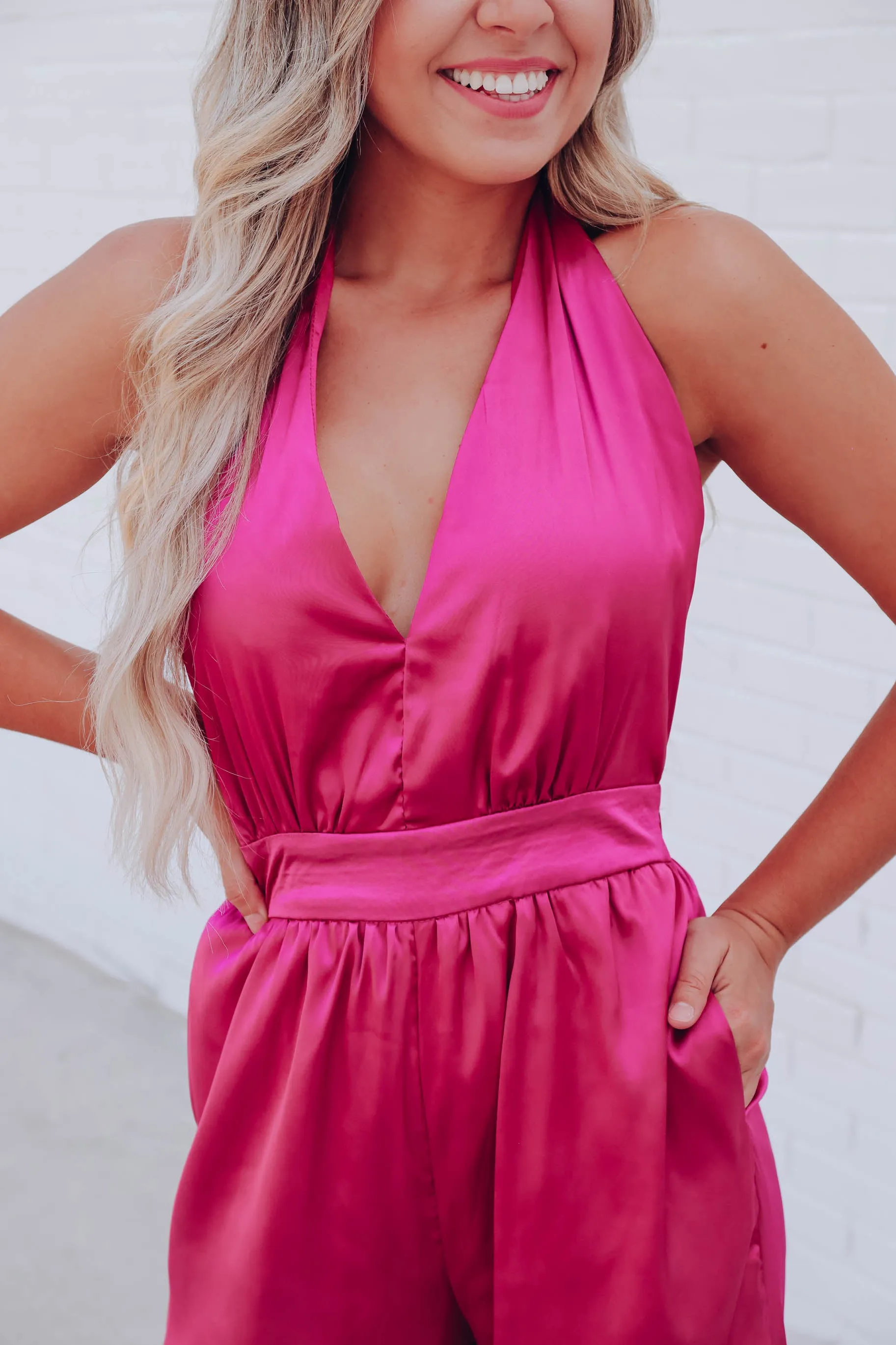 My Time Satin Halter Jumpsuit - Magenta
