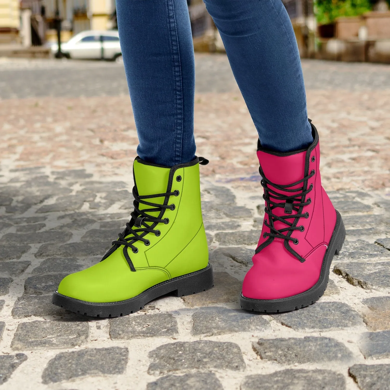 Neon Pink and Green Leather Combat Boots