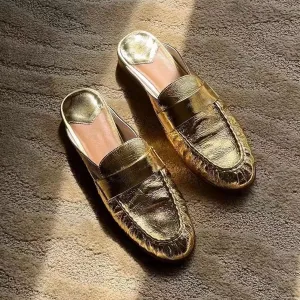 NEW & INSTOCK - Korean French Style Leather Slippers Mules in White and Gold