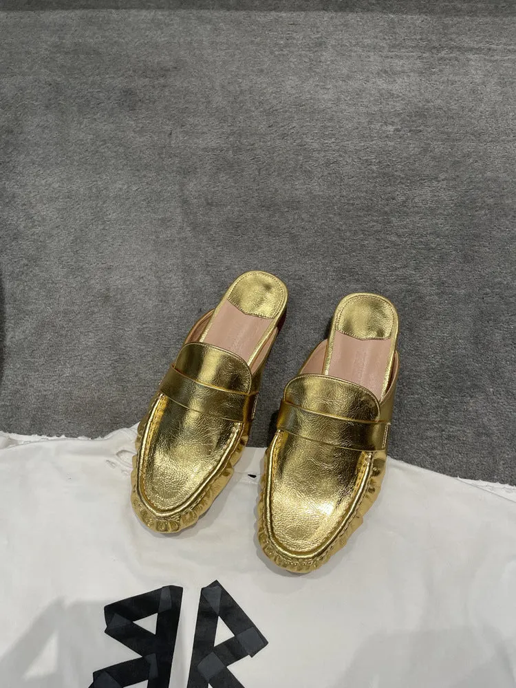 NEW & INSTOCK - Korean French Style Leather Slippers Mules in White and Gold