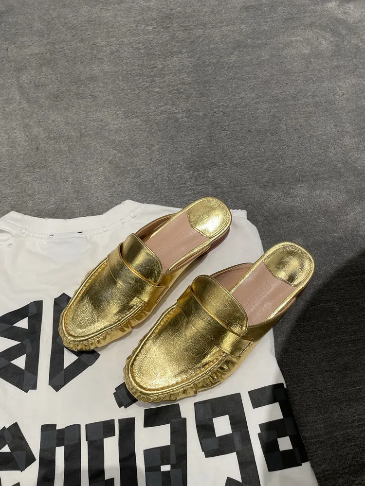 NEW & INSTOCK - Korean French Style Leather Slippers Mules in White and Gold