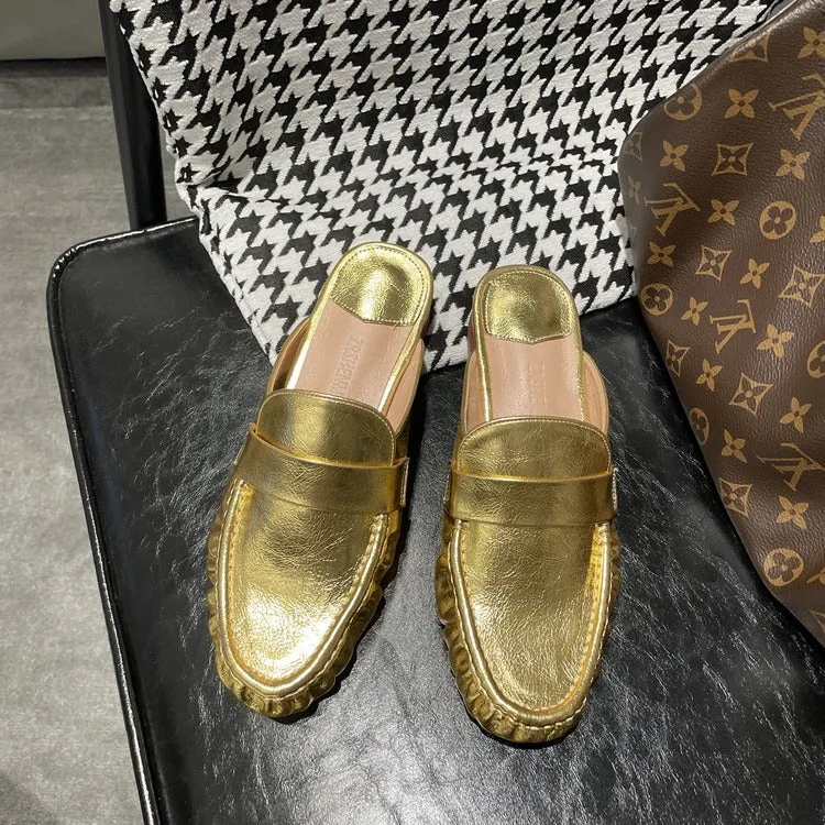 NEW & INSTOCK - Korean French Style Leather Slippers Mules in White and Gold