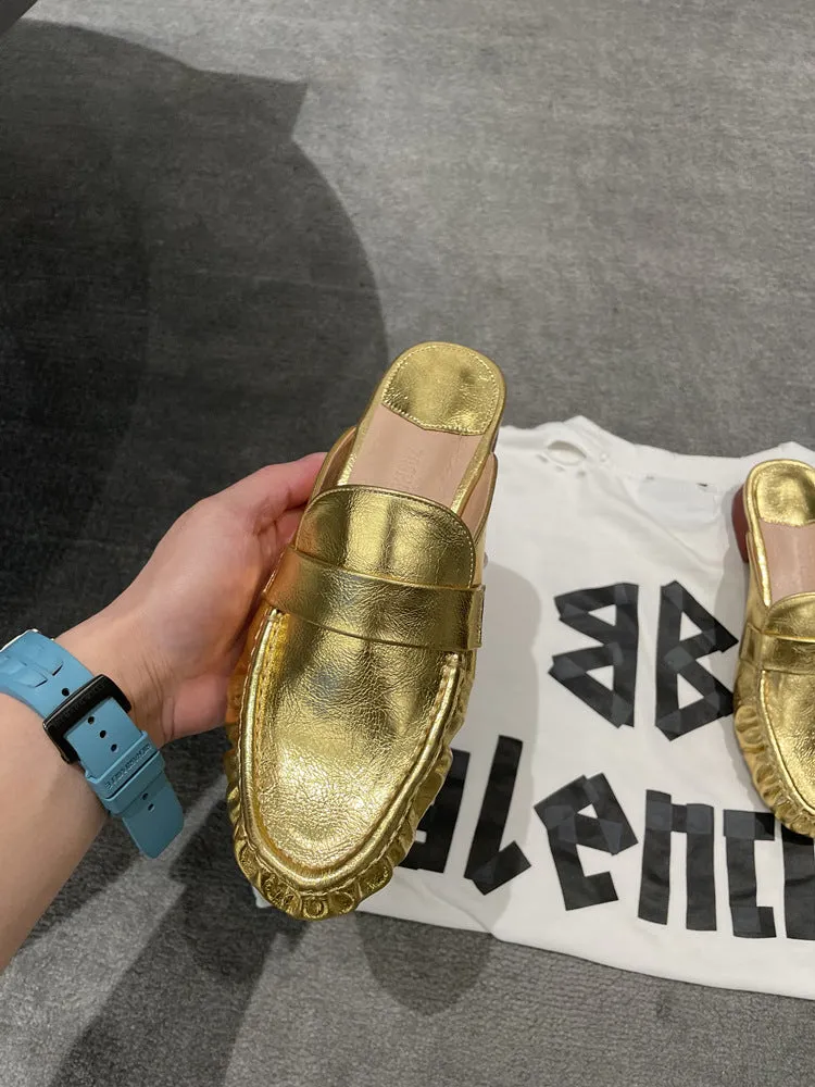 NEW & INSTOCK - Korean French Style Leather Slippers Mules in White and Gold