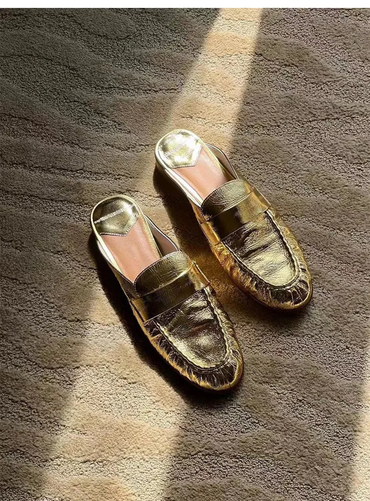 NEW & INSTOCK - Korean French Style Leather Slippers Mules in White and Gold