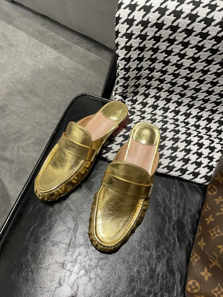 NEW & INSTOCK - Korean French Style Leather Slippers Mules in White and Gold