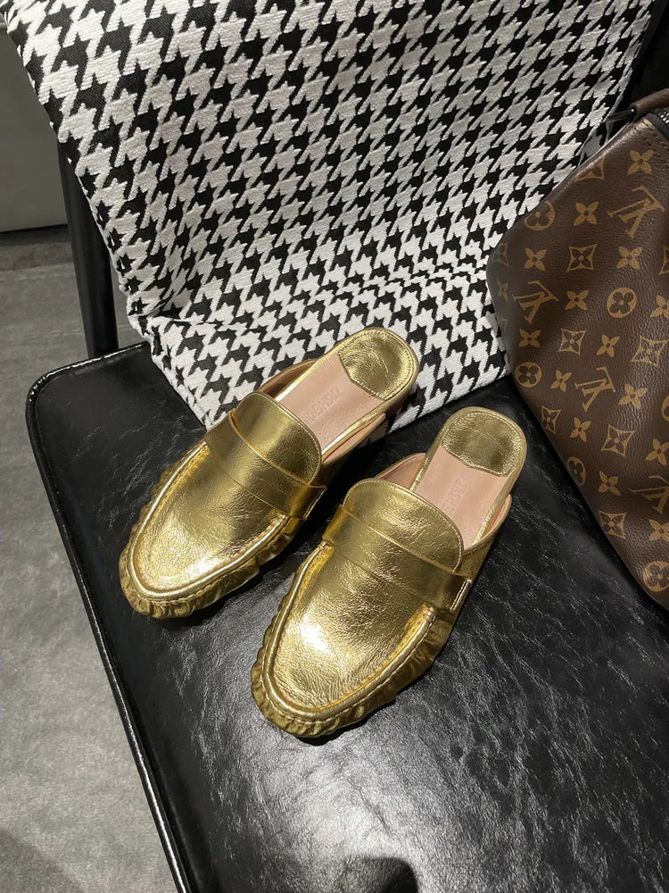 NEW & INSTOCK - Korean French Style Leather Slippers Mules in White and Gold