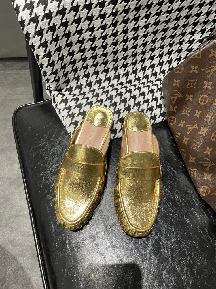 NEW & INSTOCK - Korean French Style Leather Slippers Mules in White and Gold