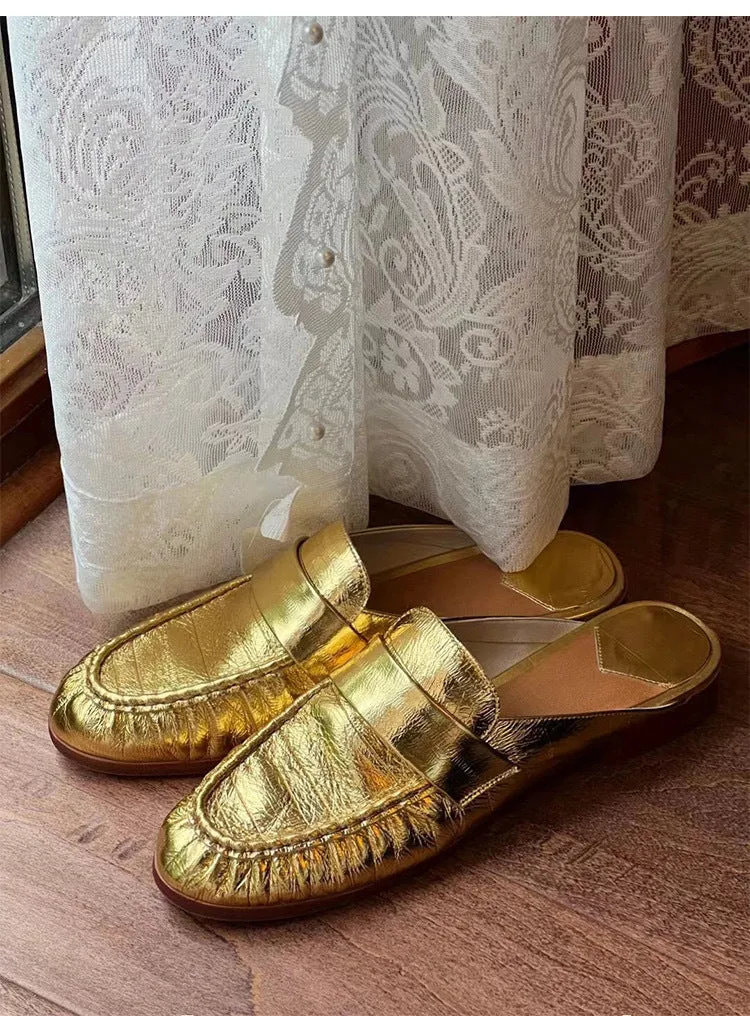 NEW & INSTOCK - Korean French Style Leather Slippers Mules in White and Gold